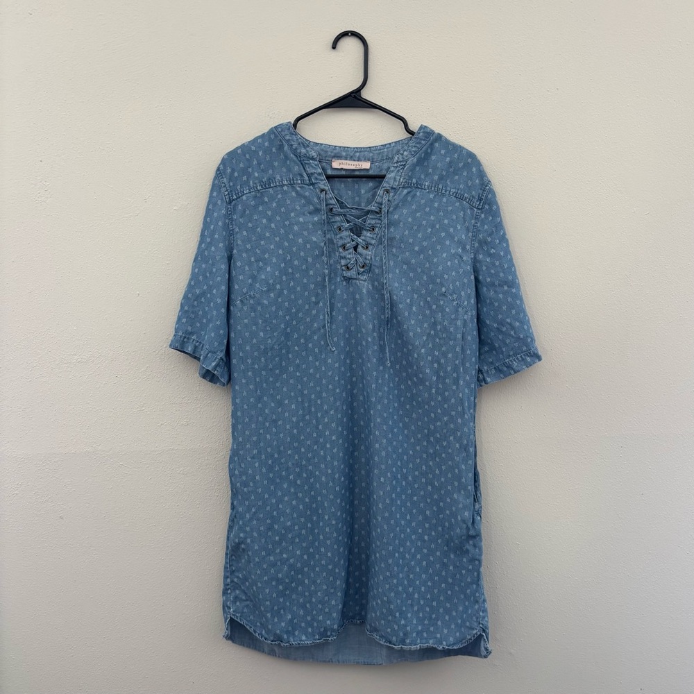 Philosophy Light Blue Chambray Lace Up Short Sleeve Dress